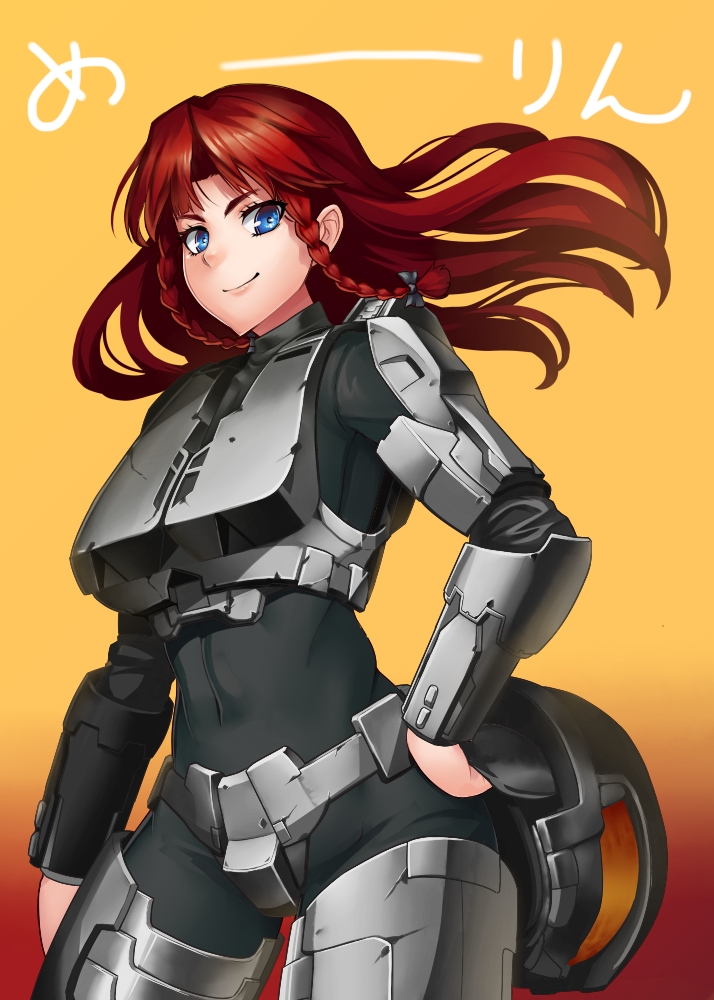 armor bad_id bad_pixiv_id blue_eyes braid cosplay hair_ribbon halo_(game) hand_on_hip helmet holding hong_meiling long_hair looking_at_viewer master_chief master_chief_(cosplay) red_hair ribbon smile solo taketora_suzume touhou twin_braids