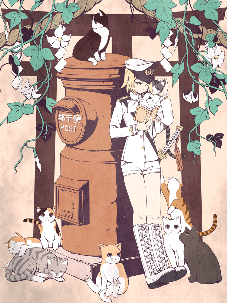blonde_hair book boots cat flower hat holding holding_book japanese_cylindrical_postbox japanese_postal_mark kagamine_rin katana knee_boots leaning_back open_book plant postbox_(outgoing_mail) reading shako_cap short_hair short_shorts shorts solo standing sword too_many too_many_cats torigoe_takumi uniform vines vocaloid weapon yellow_eyes