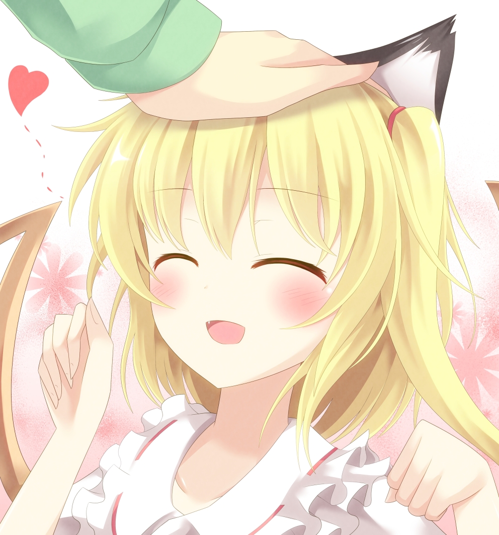 :d ^_^ aibumi animal_ears bad_id bad_pixiv_id blonde_hair blush cat_ears closed_eyes fang flandre_scarlet heart kemonomimi_mode open_mouth out_of_frame paw_pose petting side_ponytail smile solo_focus touhou wings