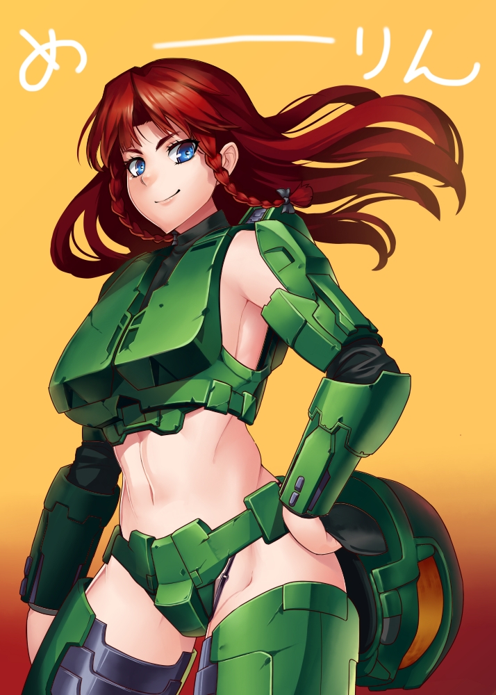 armor armpits bad_id bad_pixiv_id blue_eyes braid cosplay groin halo_(game) helmet holding hong_meiling long_hair looking_at_viewer master_chief master_chief_(cosplay) no_bra red_hair smile solo taketora_suzume touhou twin_braids