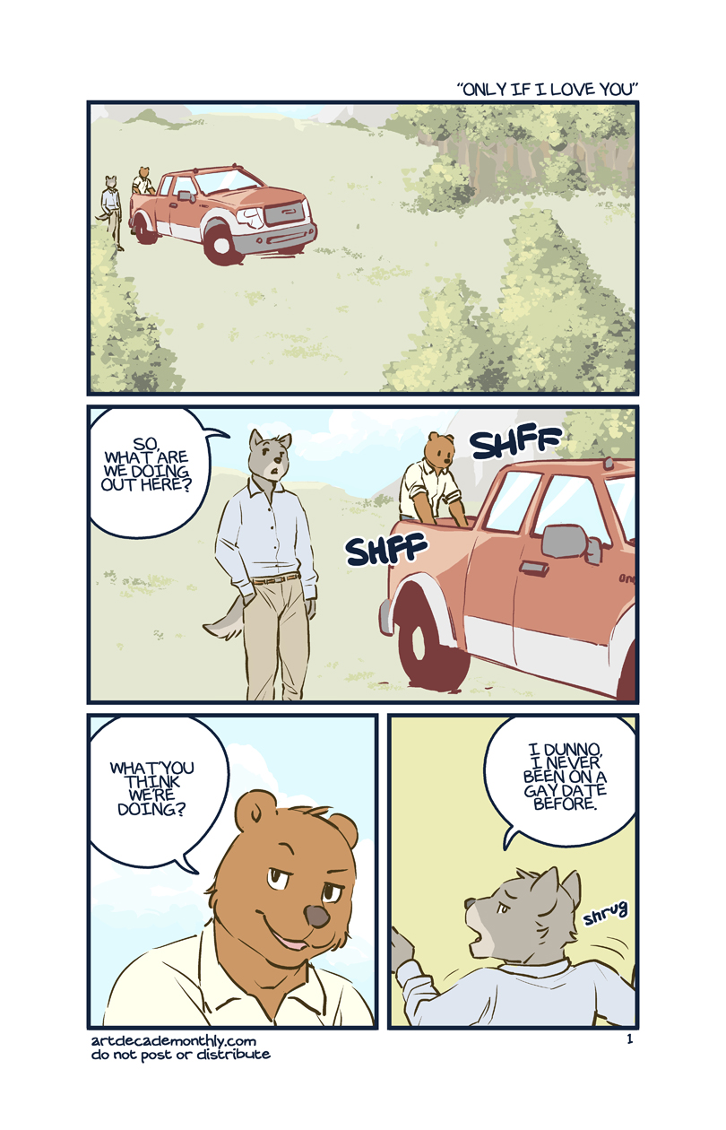 artdecade bear canine car clothing comic comic_cover dialog do_not_distribute english_text grizzly_bear male mammal only_if_i_love_you outside text tree truck wolf wood