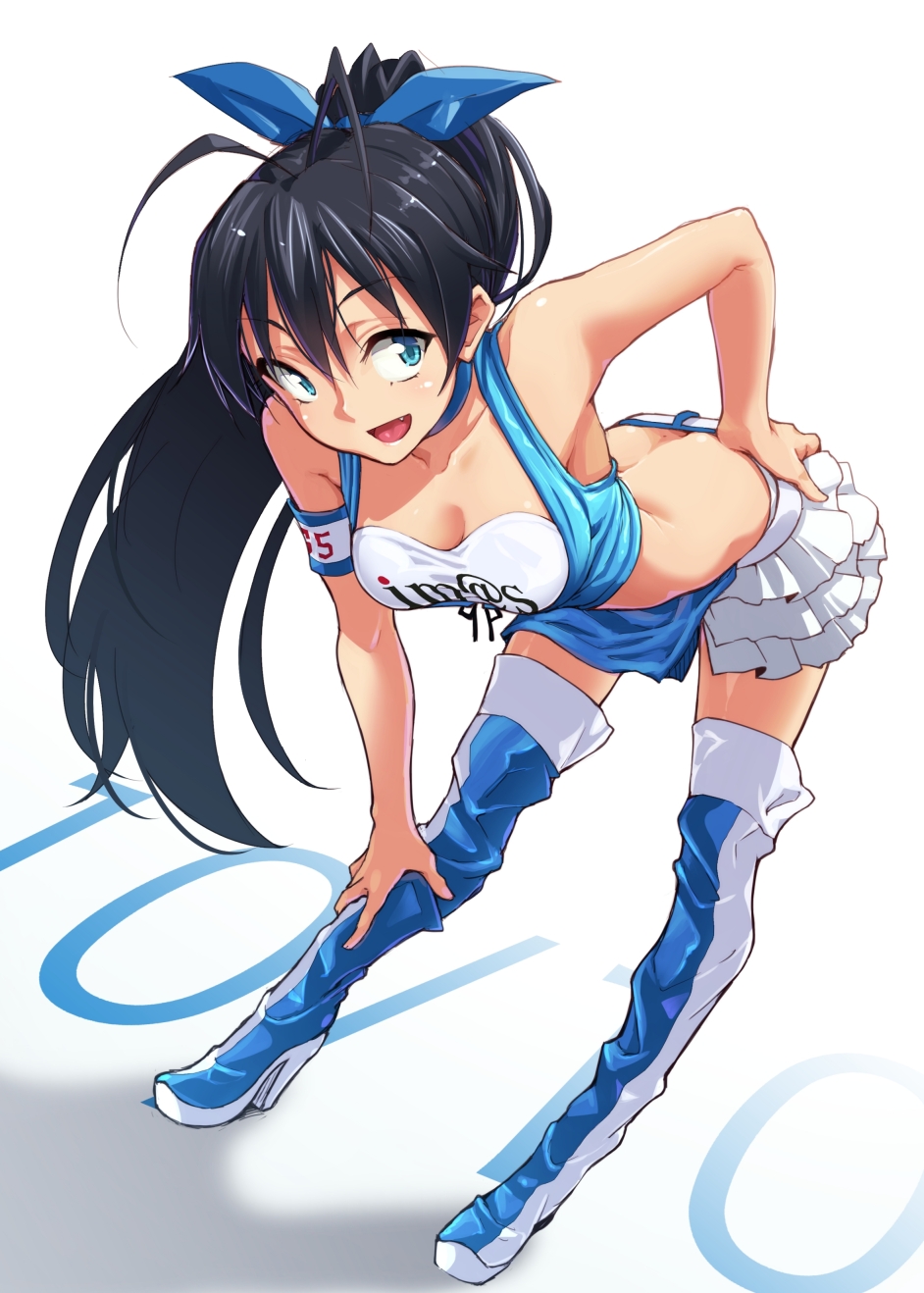 :d aya_shachou bent_over black_hair blue_eyes boots breasts butt_crack cleavage collarbone fang frills ganaha_hibiki hand_on_hip high_heel_boots high_heels highres idolmaster idolmaster_(classic) long_hair medium_breasts midriff open_mouth ponytail race_queen skirt smile solo thigh_boots thighhighs zettai_ryouiki