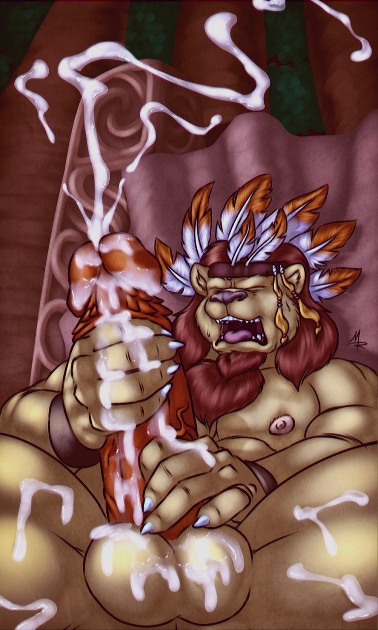 abs anthro balls barbs beard beefy biceps big_cat big_muscles big_penis bracelet brown_fur buff chest_tuft chieftain circumcised claws cum cum_on_balls cum_on_hand cum_on_leg cum_on_legs cum_on_penis cum_string cumshot erection excessive_cum eyes_closed facial_hair fangs feather feathers feline fur goatee hair headdress holding_penis jewelry leaking lion male mammal mane masturbation modem_redpill muscles native nipples nude open_mouth orgasm pecs penis pose red_hair sidern sidern_brethencourt sitting solo thick_penis tongue tribal tuft uncut vein wristband yellow_fur