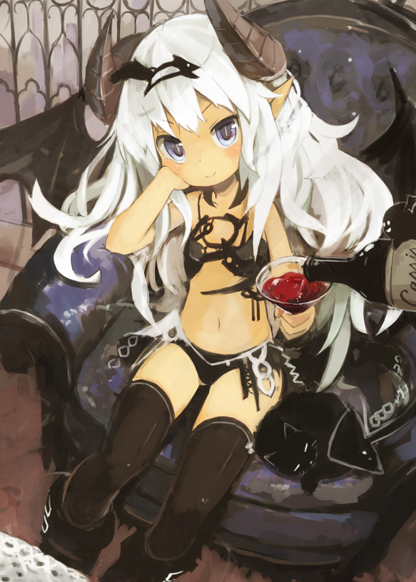 &gt;:) armchair black_legwear black_panties blush bottle chair chin_rest cup demon_girl demon_horns drinking_glass hair_ribbon hand_on_own_cheek holding horns looking_at_viewer navel original panties paprika_shikiso pointy_ears pouring purple_eyes red_wine ribbon sitting smile solo thighhighs underwear v-shaped_eyebrows white_hair wine_glass