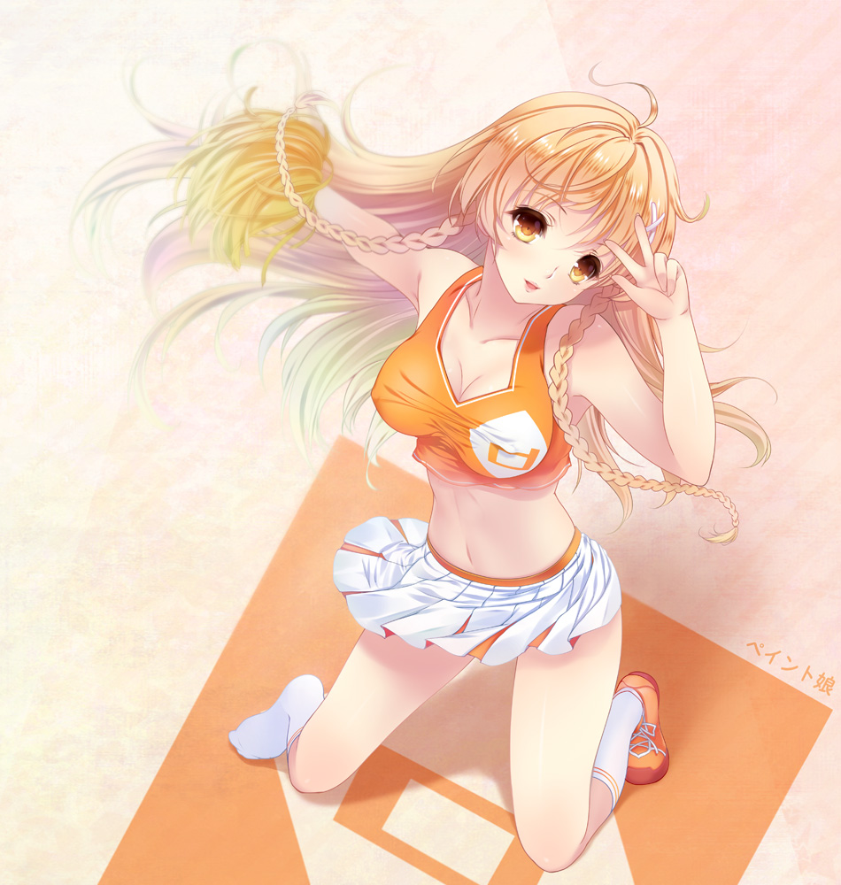 bad_id bad_pixiv_id blonde_hair braid breasts cheerleader collarbone crop_top culture_japan holding large_breasts long_hair looking_at_viewer midriff navel parted_lips pom_poms shiny shiny_skin shirt shoes single_shoe skirt socks solo suenaga_mirai taut_clothes taut_shirt twin_braids v yellow_eyes youqiniang