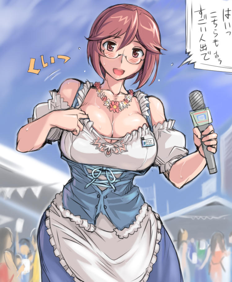 badge barmaid bespectacled blush breasts brown_eyes brown_hair cleavage corset crowd dirndl dress flower flower_necklace flying_sweatdrops german_clothes glasses jewelry jpeg_artifacts large_breasts microphone necklace oktoberfest older open_mouth rozen_maiden solo souseiseki sweat translated tsuda_nanafushi underbust