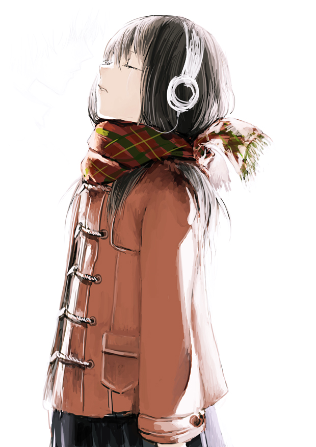 arch-0 black_hair closed_eyes coat enpera headphones long_hair original scarf simple_background sketch solo white_background