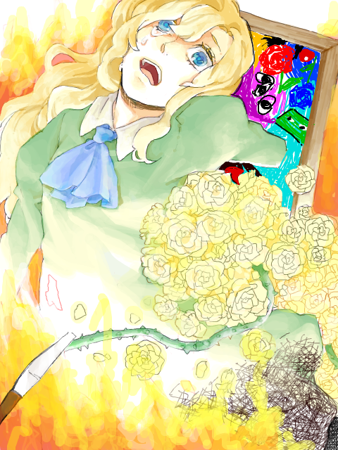 blonde_hair blue_eyes fire flower ib knife long_hair mary_(ib) open_mouth painting_(object) rose scalpel spoilers tears tegaki thorns yellow_flower yellow_rose