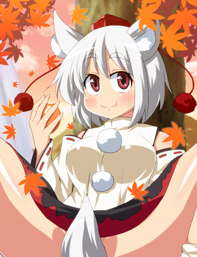 animal_ears autumn autumn_leaves blush breasts detached_sleeves eating hat inubashiri_momiji large_breasts leaf masara no_panties pom_pom_(clothes) red_eyes sitting solo spread_legs tail tail_censor tokin_hat touhou tree white_hair wolf_ears wolf_tail