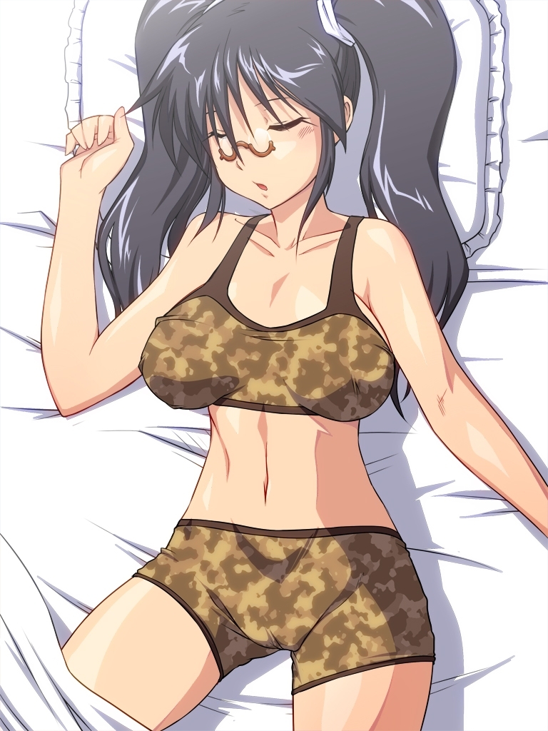 bed bed_sheet blue_hair breasts cameltoe camouflage eyes_closed glasses hinata_aki keroro_gunsou large_breasts lingerie long_hair lying navel nightmare_express open_mouth pillow sleeping solo twintails underwear
