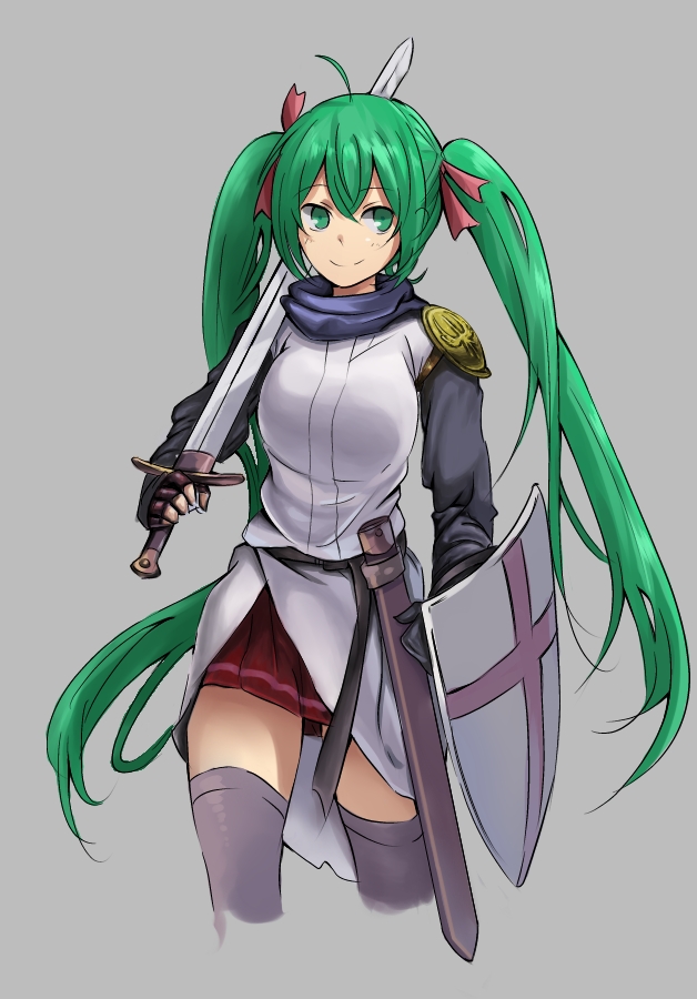 ahoge bad_id bad_pixiv_id derivative_work fingerless_gloves gloves green_eyes green_hair grey_background hatsune_miku long_hair momo_(472502759) scabbard sheath shield simple_background skirt smile solo sword thighhighs twintails very_long_hair vocaloid weapon