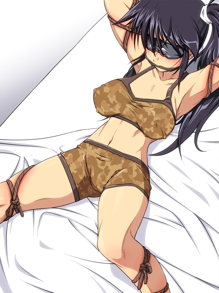 armpits bdsm bed blindfold blue_hair bondage bound breasts cameltoe camouflage glasses hinata_aki keroro_gunsou large_breasts lingerie long_hair lying navel nightmare_express rope solo tied_up twintails underwear
