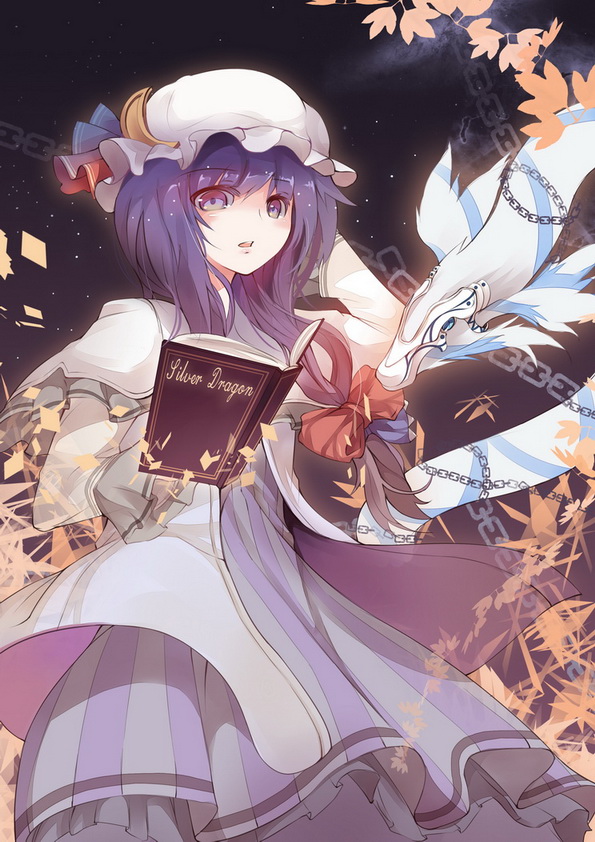 book capelet crescent dress hat long_hair looking_at_viewer open_book patchouli_knowledge purple_eyes purple_hair rain_lan solo striped striped_dress touhou vertical_stripes