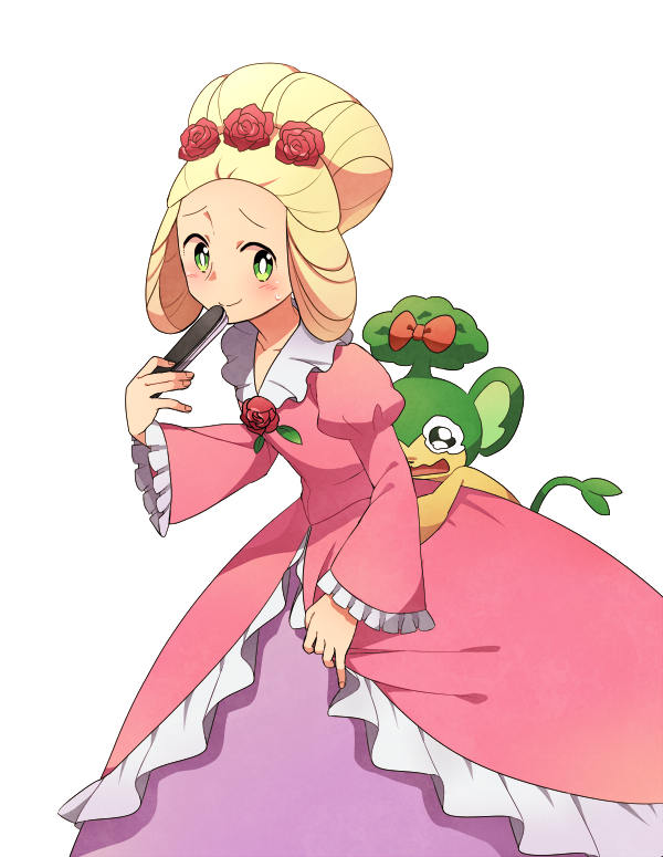 blonde_hair crossdressing dent_(pokemon) dress flower green_eyes pansage pokemon pokemon_(anime) rose
