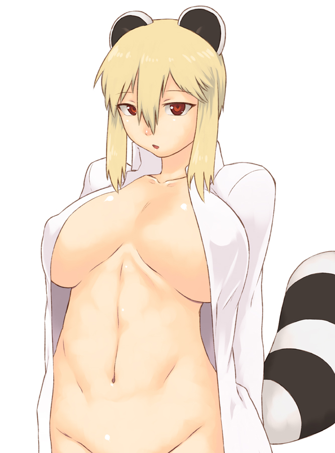 animal_ears araiguma-san blonde_hair breasts collarbone groin huge_breasts naked_shirt navel open_mouth original out-of-frame_censoring raccoon_ears raccoon_tail red_eyes shirt simple_background solo tail tsukudani_(coke-buta) white_background white_shirt