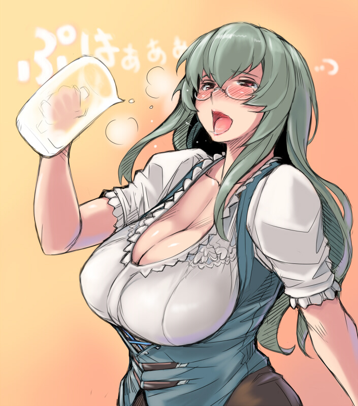 barmaid bespectacled blush breasts cleavage collarbone dirndl drunk german_clothes glass glasses gradient gradient_background grey_hair holding large_breasts long_hair oktoberfest open_mouth red_eyes rozen_maiden solo suigintou tongue translated tsuda_nanafushi underbust