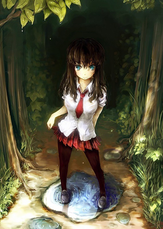 blue_eyes brown_hair dress_shirt forest loafers long_hair messy_hair nagamine_(catoko) nature necktie original pantyhose path pleated_skirt puddle road shirt shoes skirt skirt_hold solo tree water_drop wet wet_hair
