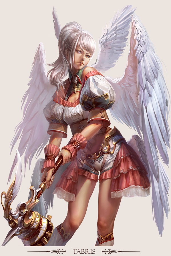 angel angel_wings aqua_eyes bare_shoulders copyright_request fantasy grey_hair hammer hong_yu_cheng low_wings midriff shorts simple_background solo weapon wings