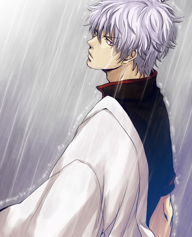 gintama japanese_clothes male_focus purple_eyes rain sakata_gintoki silver_hair sng solo
