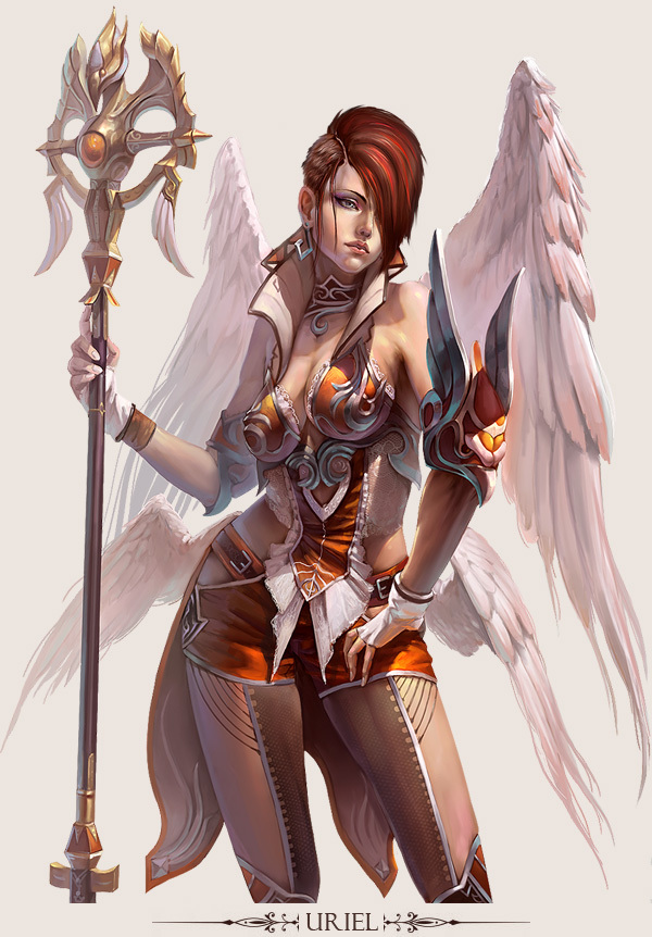 angel angel_wings aqua_eyes breasts cleavage copyright_request earrings fantasy fingerless_gloves gloves hong_yu_cheng jewelry large_breasts looking_at_viewer low_wings red_hair scepter short_hair shorts simple_background solo wings