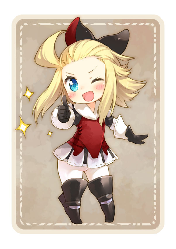 ;d armor armored_dress blonde_hair blue_eyes blush bow bravely_default:_flying_fairy bravely_default_(series) chibi edea_lee gloves hair_bow kito_(sorahate) looking_at_viewer one_eye_closed open_mouth pantyhose smile solo sparkle standing thumbs_up v-shaped_eyebrows