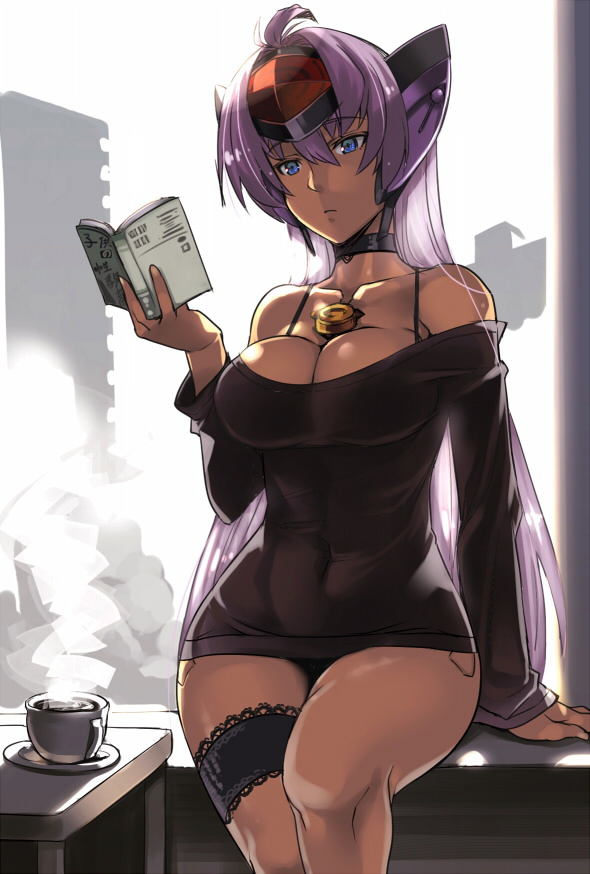 alternate_costume arm_support bare_shoulders blue_eyes book bra_strap breasts casual choker cleavage covered_navel cup curvy cyborg dark_skin dress garters hijiri large_breasts legs long_hair purple_hair reading revision short_dress sitting solo t-elos thigh_strap thighs very_long_hair xenosaga
