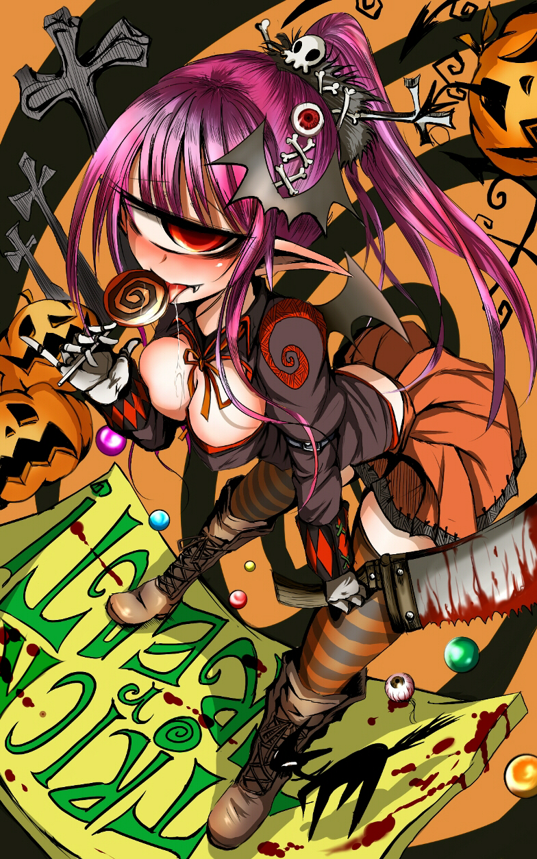 1girl blood boots breasts cleavage cyclops eyeball fang hair_ornament halloween highres jack-o'-lantern jack-o'-lantern knee_boots kneehigh_boots monster_girl one-eyed pink_hair pointy_ears ponytail pumpkin red_eyes saliva saliva_trail sangyou_haikibutsu_(turnamoonright) saw skirt solo striped striped_legwear striped_stockings thighhighs tongue tongue_out trick_or_treat turnamoonright