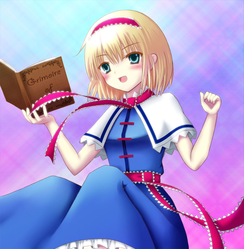 :d alice_margatroid blonde_hair blue_eyes book bow capelet dress grimoire grimoire_of_alice hair_bow hair_ribbon hairband open_mouth ribbon sash short_hair sitting smile solo touhou