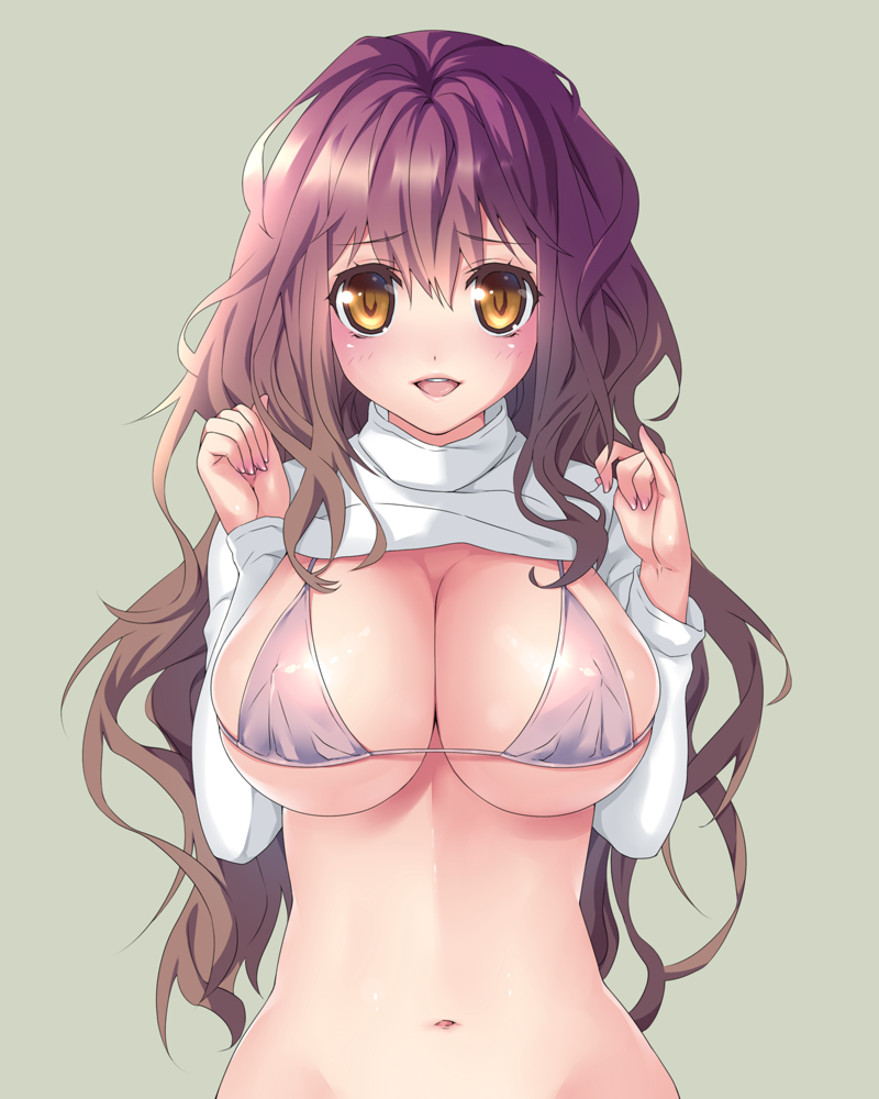 bad_id bad_pixiv_id bikini_top bottomless breasts brown_hair cleavage gradient_hair hijiri_byakuren huge_breasts long_hair looking_at_viewer multicolored_hair myg navel open_mouth out-of-frame_censoring purple_hair shiny shiny_skin shirt_lift simple_background skindentation smile solo touhou turtleneck yellow_eyes