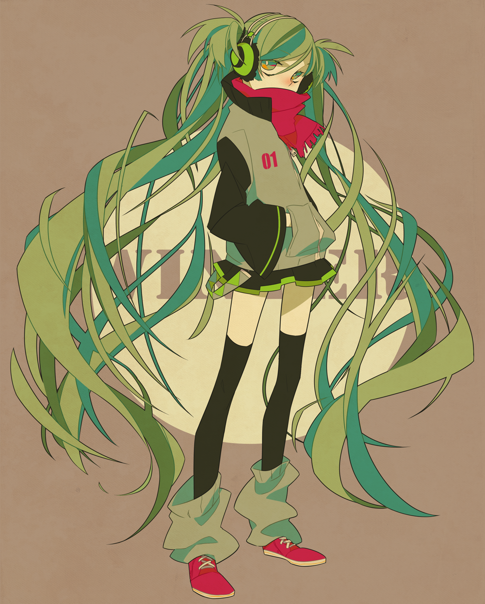 full_body green_eyes green_hair hatsune_miku headphones highres long_hair looking_at_viewer miniskirt mochizuki_kei red_scarf scarf skirt solo standing thighhighs twintails very_long_hair vocaloid