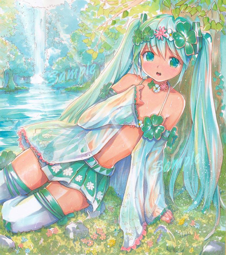 aqua_eyes aqua_hair bare_shoulders detached_sleeves grass hair_ornament hatsune_miku light_rays long_hair looking_at_viewer mayo_riyo project_diva_(series) project_diva_2nd rock sample sitting skirt solo sunbeam sunlight thighhighs traditional_media tree twintails very_long_hair vocaloid water white_legwear