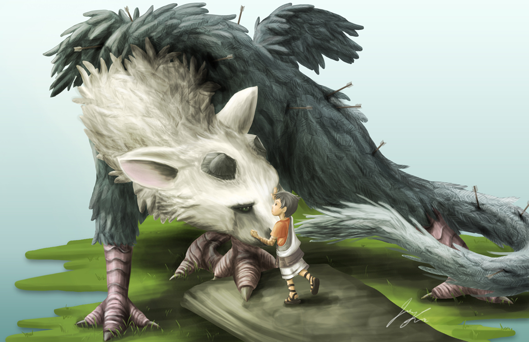 arrow child feathers griffin horns jenny_lee sandals short_hair signature tail the_boy_(the_last_guardian) the_last_guardian trico_(character)