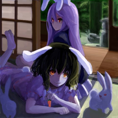 animal_ears bad_id bad_pixiv_id black_hair bunny bunny_ears bunny_tail carrot inaba_tewi jewelry kanaa_(apple_tea_z) long_hair lowres lying multiple_girls on_stomach orange_eyes pendant purple_hair red_eyes reisen_udongein_inaba shadow short_hair tail touhou