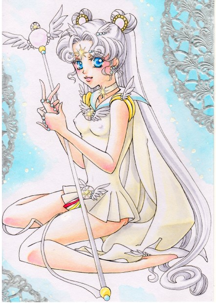 bare_legs bishoujo_senshi_sailor_moon blue_eyes breasts choker covered_nipples doily double_bun facial_mark forehead_mark full_body hair_bun high_heels long_hair millipen_(medium) sailor_collar sailor_cosmos sailor_senshi_uniform shoes silver_hair sitting small_breasts staff traditional_media twintails wariza white_choker white_sailor_collar winged_shoes wings yasaka_c_b