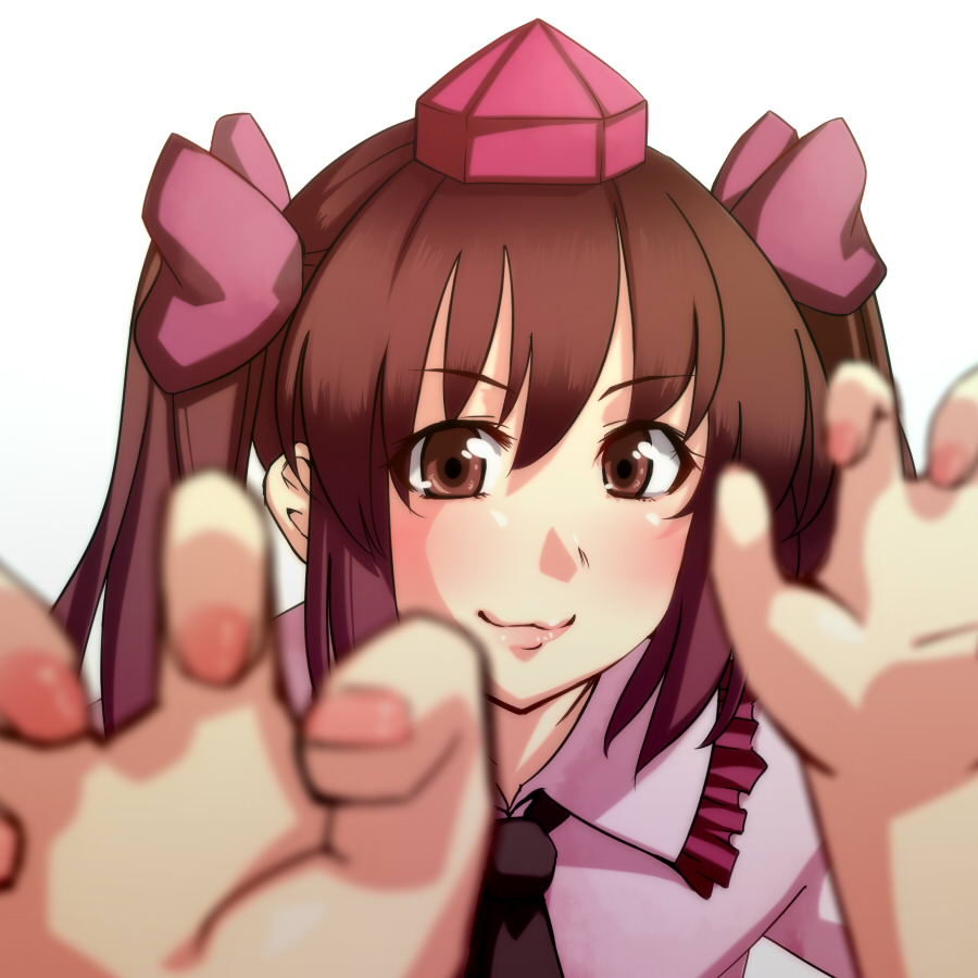 blurry brown_eyes brown_hair closed_mouth depth_of_field dress_shirt face foreshortening hair_ribbon hands hat himekaidou_hatate jewelry lips long_hair necklace ribbon shirt smile solo tokin_hat tori_(minamopa) touhou twintails upper_body