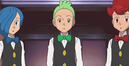 3boys animated animated_gif blue_eyes blue_hair brothers corn_(pokemon) dent_(pokemon) green_eyes green_hair lowres male male_focus multiple_boys pod_(pokemon) pokemon pokemon_(anime) red_eyes red_hair siblings