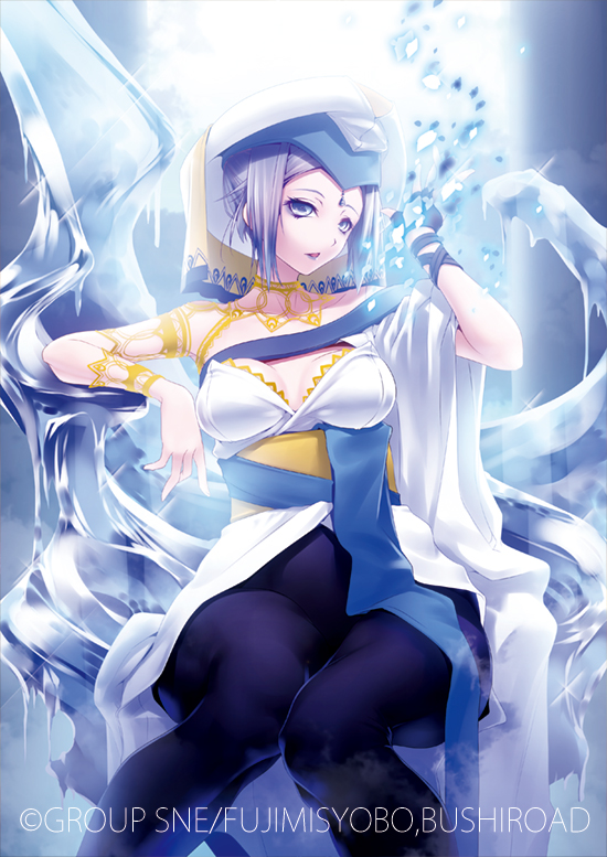 blue_eyes blue_hair dress hat ice monster_collection nilitsu pantyhose short_hair sitting solo