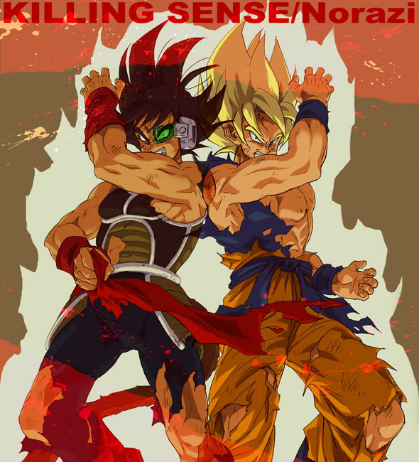 2boys armor aura bardock black_hair blonde_hair dragon_ball dragonball_z eyebrows family father_and_son looking_at_viewer male male_focus multiple_boys muscle scouter son_gokuu spiked_hair super_saiyan thick_eyebrows torn_clothes wristband