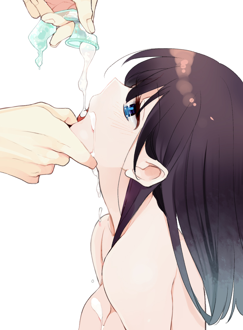 1girl black_hair blue_eyes breasts brown_hair chin_grab condom cum cum_in_mouth cum_on_body cum_on_breasts cum_on_upper_body facial feeding finger_in_mouth gokkun long_hair medium_breasts open_mouth original profile shino_satoru simple_background tears topless used_condom white_background