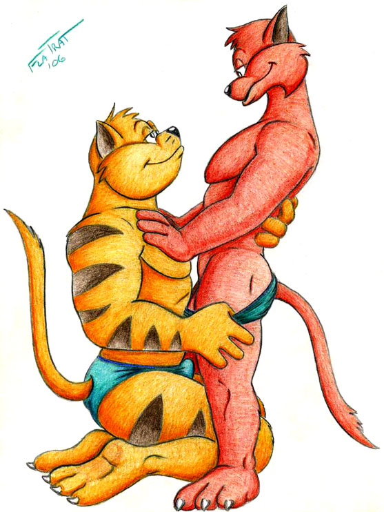 anthro assisted_exposure belt biceps big big_muscles black_fur body_markings bulge butt cat chance_furlong claws couple duo eye_contact feline flatrat from_behind fur gay grin jake_clawson kneeling love male mammal markings muscles orange_fur pec_grasp pecs penis plain_background pose red_fur side_view size_difference smile speedo standing stripes swat_kats swimsuit toe_claws topless underwear undressing white_background
