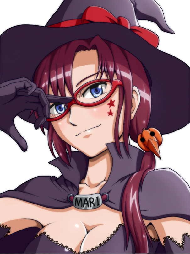 alvares bad_id bad_pixiv_id blue_eyes breasts brown_hair cape character_name cleavage costume facial_mark glasses halloween hat hat_ribbon long_hair makinami_mari_illustrious medium_breasts neon_genesis_evangelion rebuild_of_evangelion ribbon simple_background smile solo star upper_body white_background witch_hat