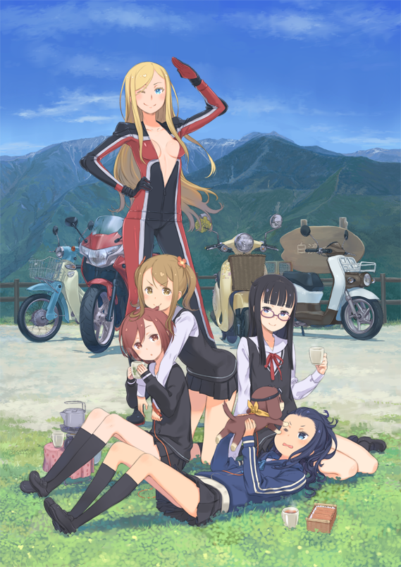 &gt;:) ;) arm_up bessho_anri biker_clothes bikesuit black_hair blonde_hair blue_eyes bodysuit breasts brown_background brown_hair cup cynthia_b_rogers dog glasses goggles goggles_on_head grass ground_vehicle holding jacket kaburagi_sayo kuroboshi_kouhaku long_hair long_legs looking_at_viewer lying maezono_rie medium_breasts motor_vehicle motorcycle mountain multiple_girls official_art on_back one_eye_closed one_off pleated_skirt red_eyes school_uniform shiozaki_haruno skirt smile standing tall track_jacket twintails v-shaped_eyebrows zipper