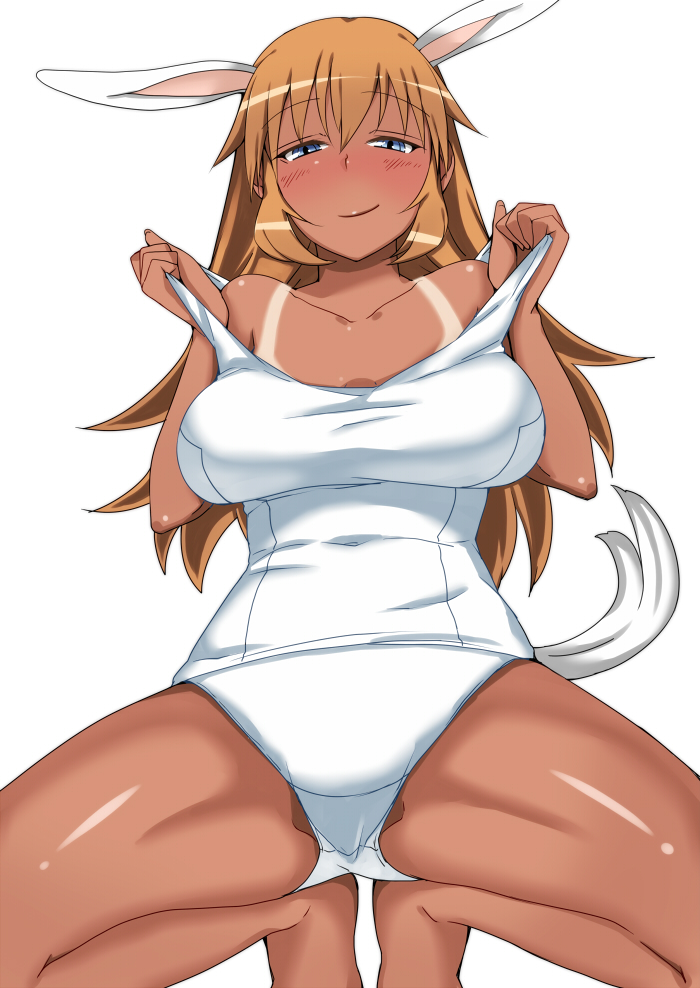 animal_ears blue_eyes blush breasts bunny_ears charlotte_e_yeager komusou_(jinrikisha) large_breasts long_hair one-piece_swimsuit one-piece_tan orange_hair school_swimsuit smile solo squatting strike_witches swimsuit tail tan tanline undressing white_school_swimsuit white_swimsuit world_witches_series