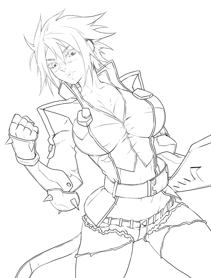 bad_id bad_pixiv_id belt blazblue blazblue:_chronophantasma breasts bullet_(blazblue) cleavage cutoffs denim denim_shorts elbow_pads fingerless_gloves gloves greyscale impossible_clothes large_breasts lineart lips monochrome popped_collar sami_(object_dump) scar short_hair short_shorts shorts solo spikes