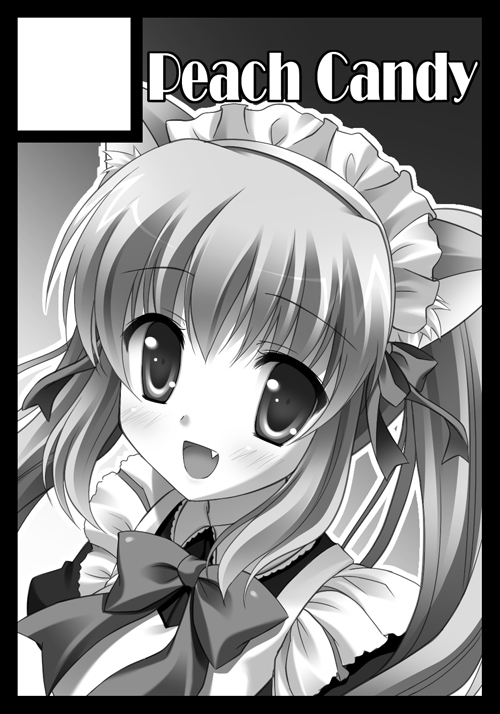 :d animal_ears black_border blush border bow cat_ears circle_cut greyscale long_hair looking_at_viewer maid monochrome open_mouth original smile solo yukie_(peach_candy)