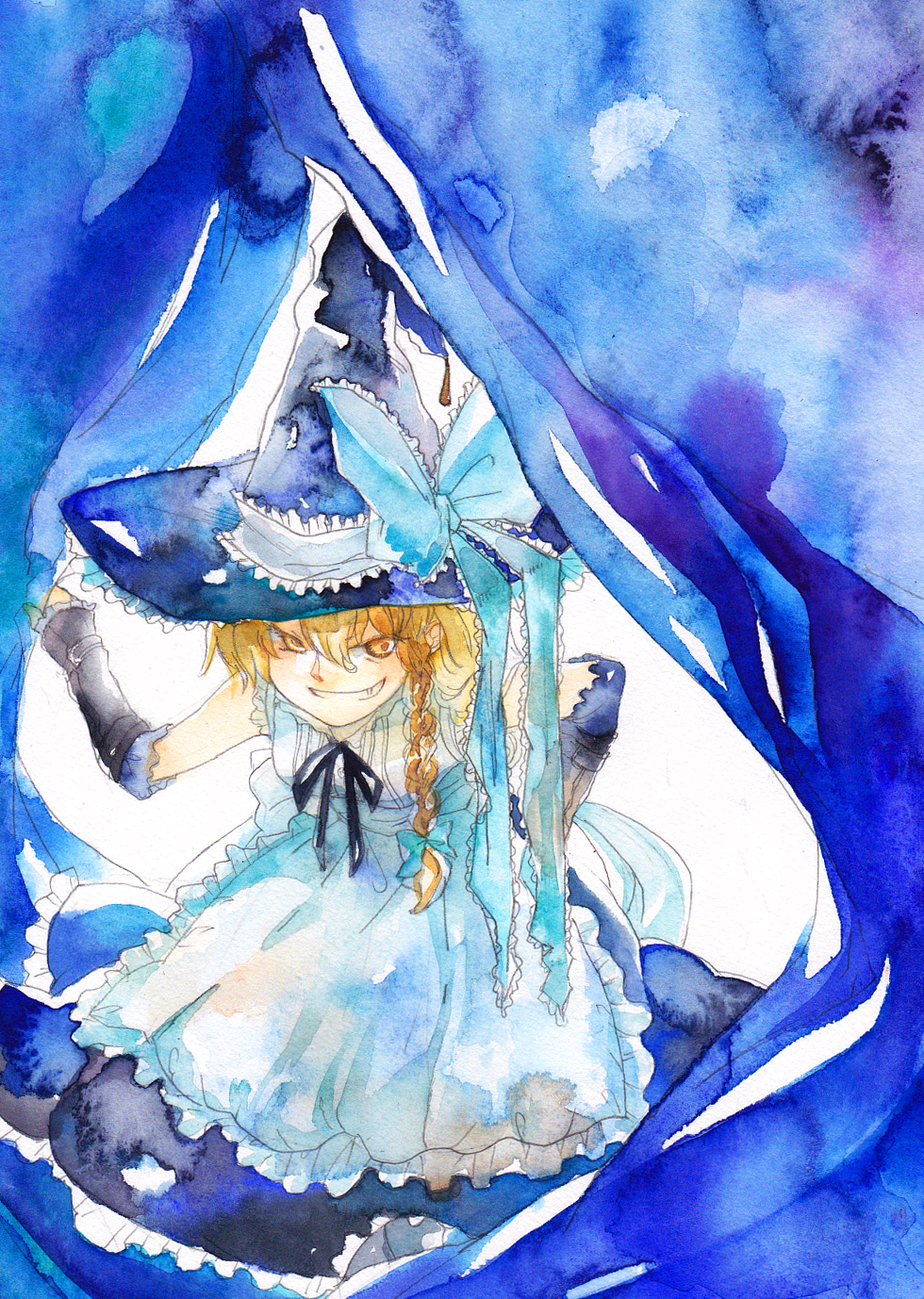 adapted_costume apron bad_id bad_pixiv_id blonde_hair bow campanula-star evil_grin evil_smile fang fingerless_gloves frills gloves grin hat highres kirisame_marisa long_hair smile solo touhou traditional_media watercolor_(medium) witch_hat yellow_eyes