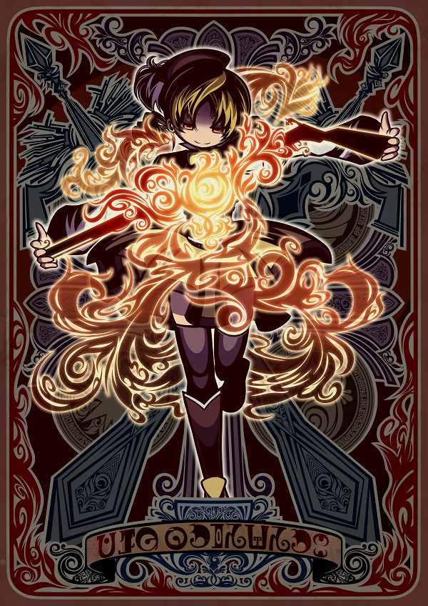 beret blonde_hair boots dark_persona drill_hair evil_grin evil_smile fire grin gun hair_ornament hat kotou_(shucchoujo) madoka_runes magical_girl magical_musket mahou_shoujo_madoka_magica pleated_skirt skirt smile solo standing standing_on_one_leg tarot the_magician thighhighs tomoe_mami weapon yellow_eyes