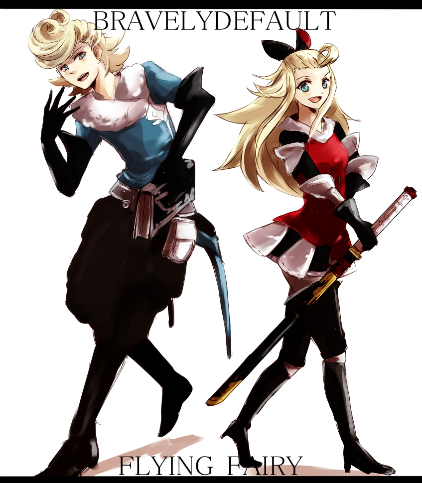 1boy 1girl 5pb. :d armor blonde_hair blue_eyes book boots bow bravely_default:_flying_fairy bravely_default_flying_fairy coat edea_lee gloves katana open_mouth pantyhose ribbon ringabel ringabell smile sword tights weapon wide_hips