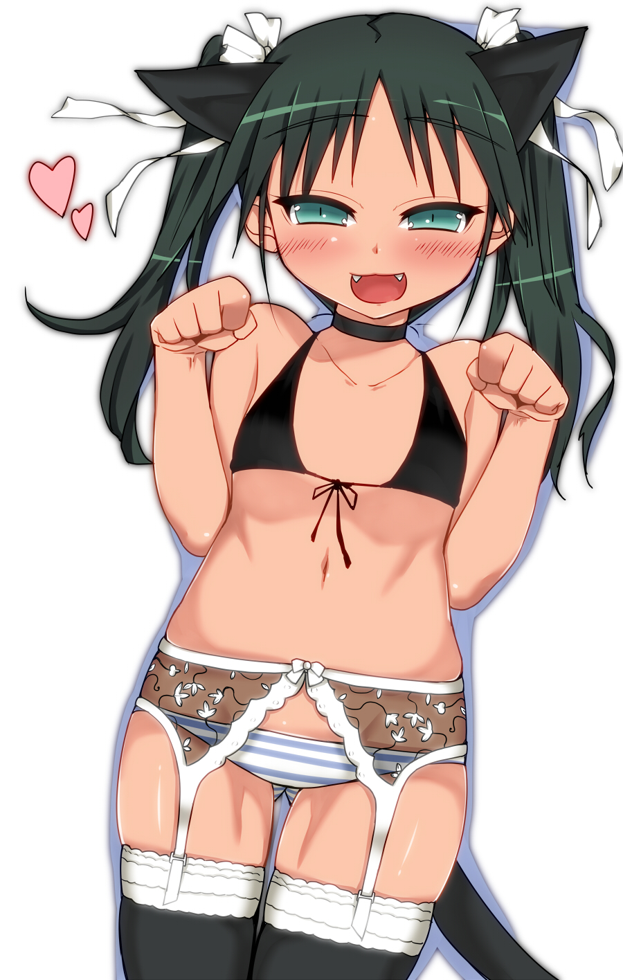 animal_ears black_choker blue_eyes blush bow bra choker fangs flat_chest francesca_lucchini front-tie_top garter_belt green_hair hair_ribbon heart highres komusou_(jinrikisha) navel panties paw_pose ribbon solo strike_witches striped striped_panties tail thighhighs twintails underwear underwear_only world_witches_series