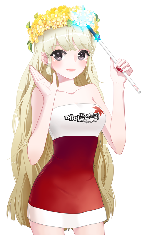 bare_shoulders black_eyes blonde_hair character_request collarbone copyright_name dress holding long_hair maplestory peirasuo solo wand white_background